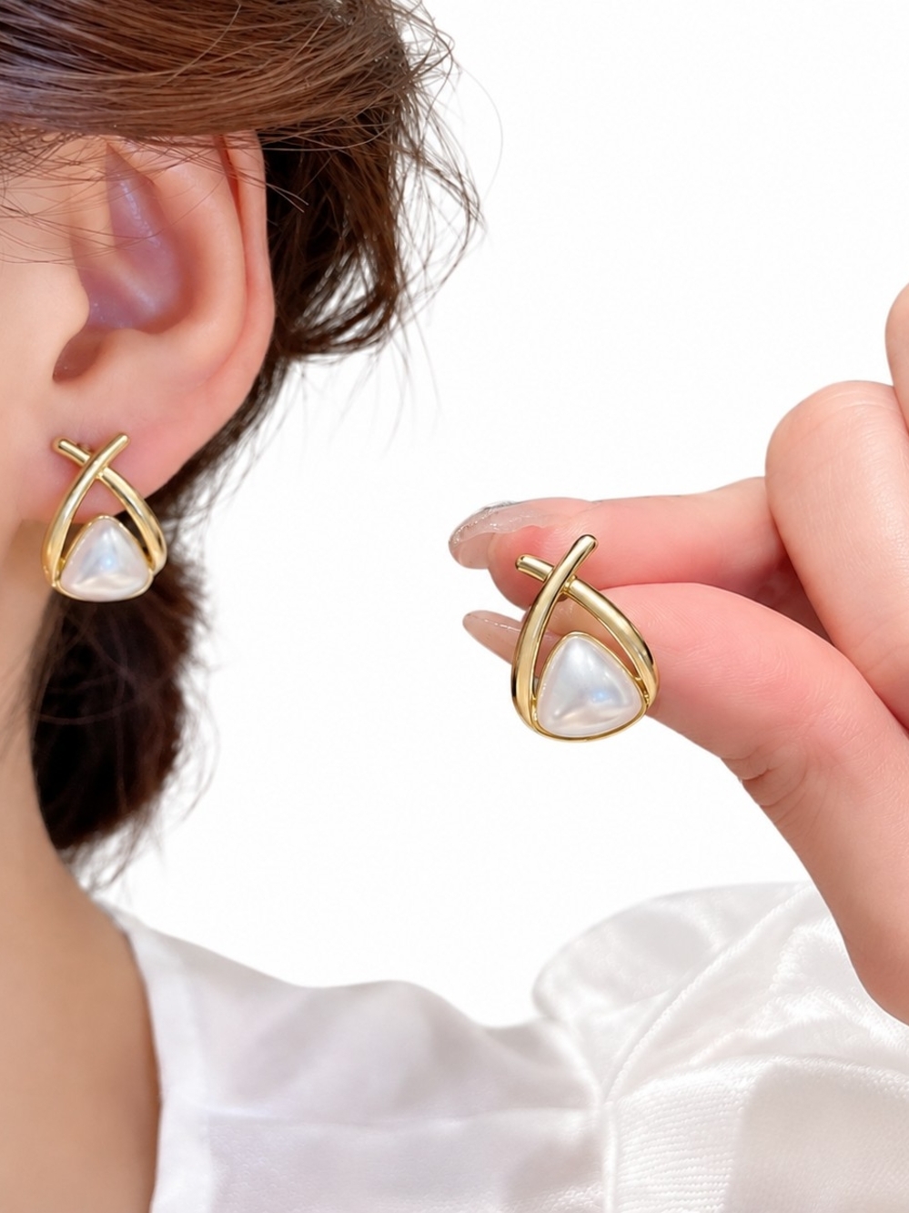 Gold Triangle Pearl-Accent Stud Earrings for Women